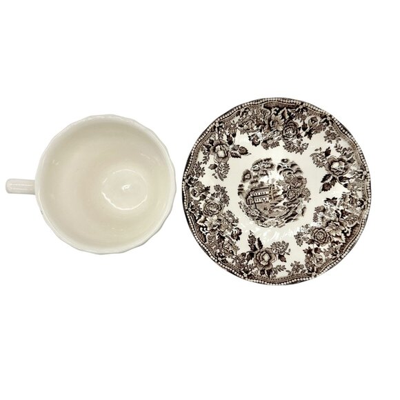 Churchill Cup and Saucer Set White with Brown Landscape and Floral Scene - Picture 3 of 10